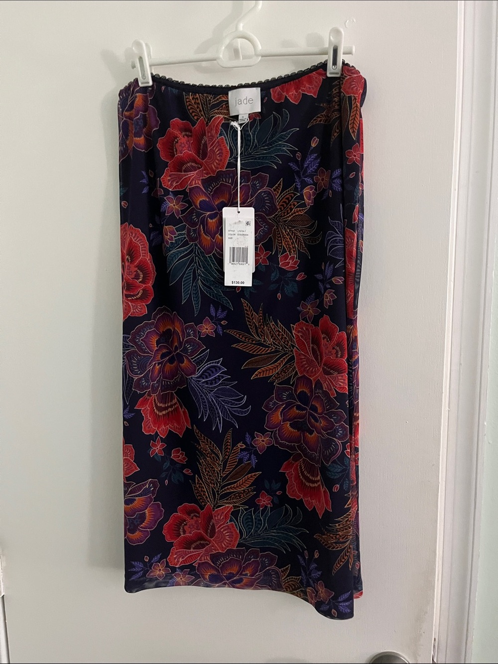 Jade Navy Floral Midi Skirt with Red & Teal Blooms